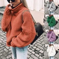 Women Batwing Long Sleeve Sweater Turtleneck Solid Color Chunky Knit Jumper Tops