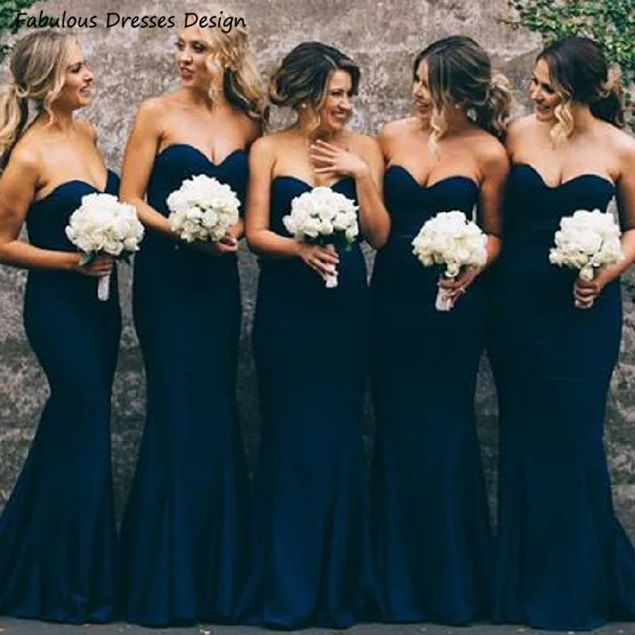 

Navy Blue Strapless Mermaid Bridesmaid Dresses Long Sweetheart 2021 Wedding Party Dress Cheap Robe De Soirée De Mariage