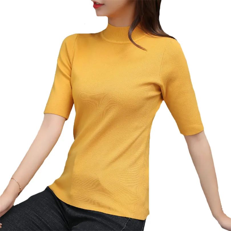 

LJCUIYAO Women Knitting Sweater Half Sleeve Turtleneck Female Casual Solid Fashion Thin Pullover Ladies White And Black Clothes