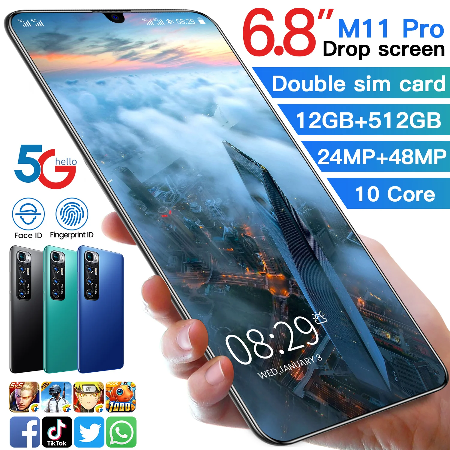Global Version M11 Pro 6.8" Smartphone 10Core MTK6889 5000mAh 12+512GB Face Fingerprint Dual Unlock 5G Android Network Cellphone |