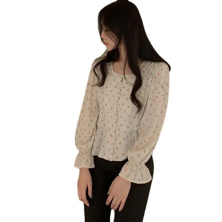 

TVVOVVIN Korea Square Collar Slim Long Sleeve Shirt Spring New Casual Printed Lace Sweet Cardigan For Women SA7M