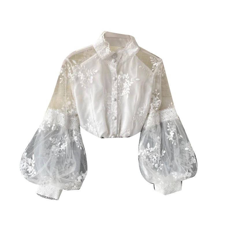 

Mesh Lace Blouse Women New Fashion Stand Collar Three-Dimensional Embroidered Lantern Sleeve Slim Fit Lady's Blusas White Black