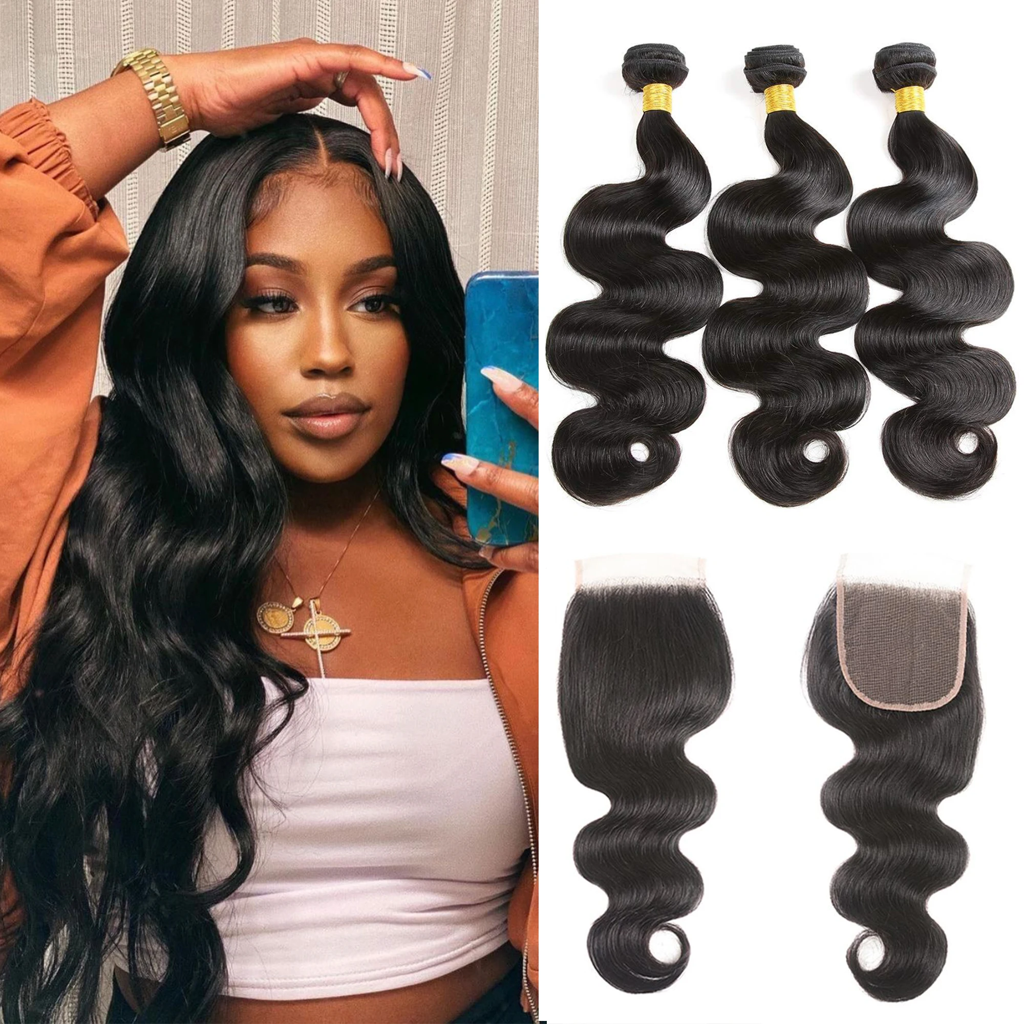 ZZY Fashion Brazilian Hair Weave Body Wave 3 Bundles With 1 Closure Human Hair Bundles With Lace Closure Non-Remy Human Hair