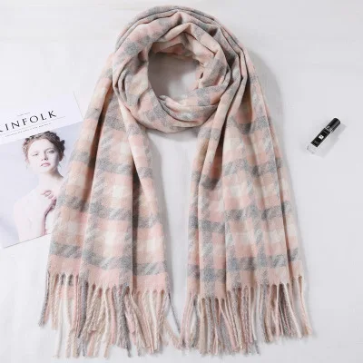 Pink Plaid Новинка, настоящий кашемировый шарф, палантин, Клетчатые Шерстяные шарфы для женщин, зимние теплые женские пончо, накидка, модные женские 100 пашмины шали - Цвет: Pink Plaid