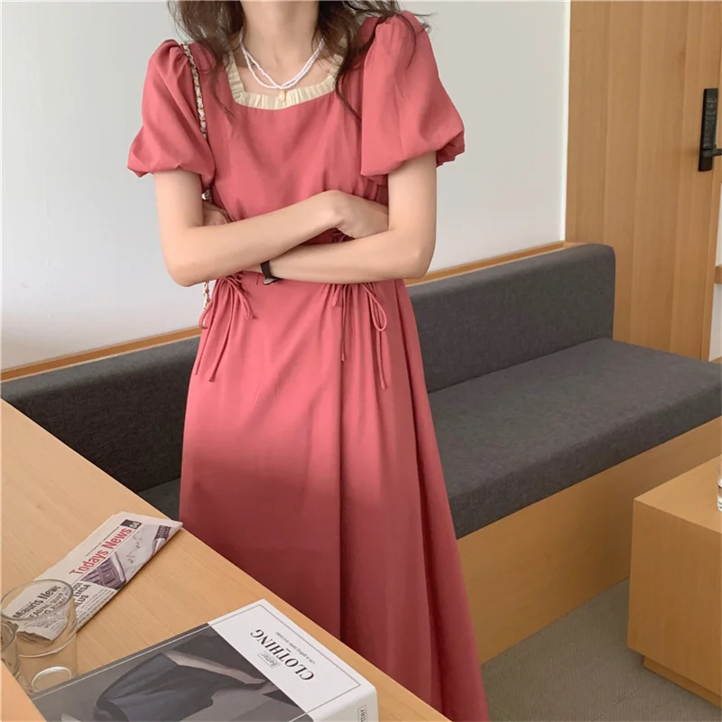 

Korean French Fashion Women'S 2021 Summer Elegant Square Collar Waist Drawstring Niche Sense Of Puff Sleeve Casual Dress