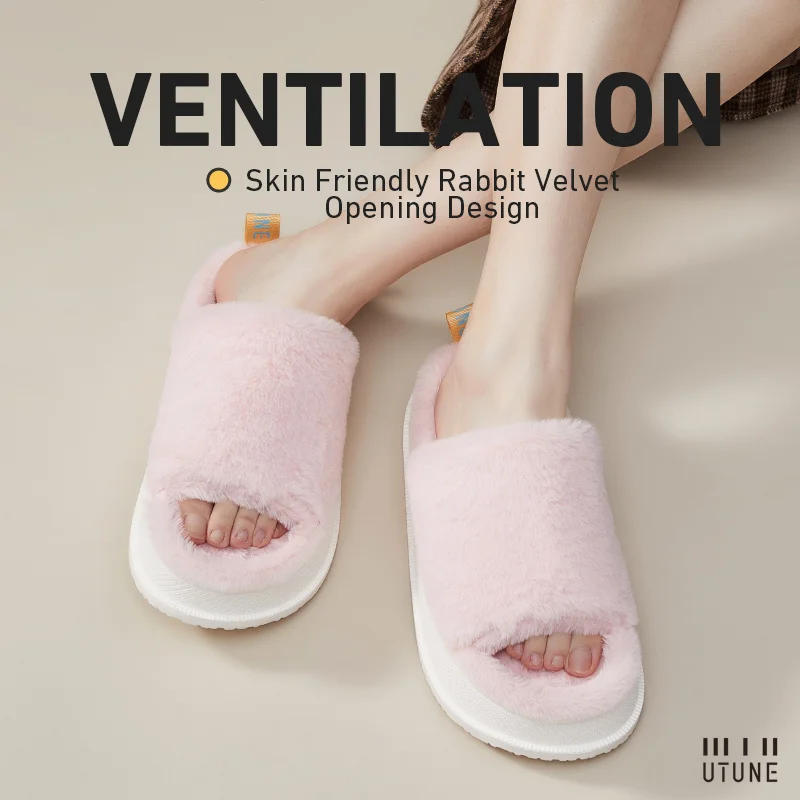 UTUNE Women Winter Slippers Plush Warm Home Slides For Men Thick Sole Soft Indoor Flats Non-slip Breathable Office Lady Shoes