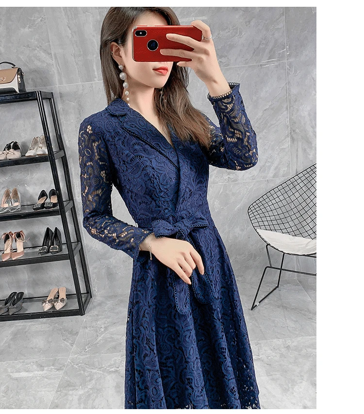 Новинка, Осеннее женское модное кружевное платье с длинным рукавом, С Вырезанным вырезом, а-силуэт, с поясом, элегантное красное платье, голубое