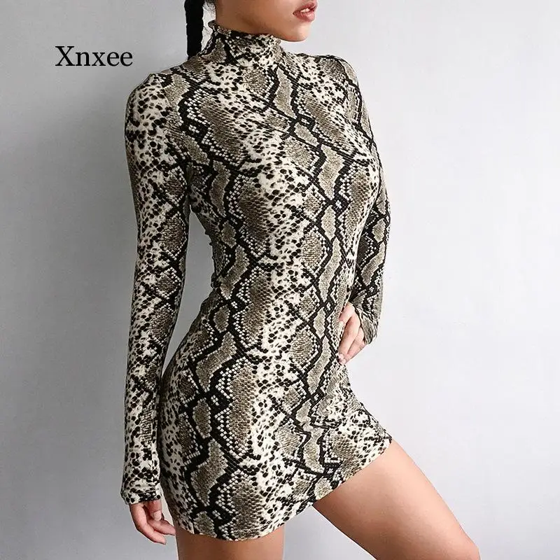 

Turtleneck Snake Skin Print Mini Dress Spring Autumn Women Long Sleeve Sexy Bodycon Snakeskin High Neck Party Short Dresses