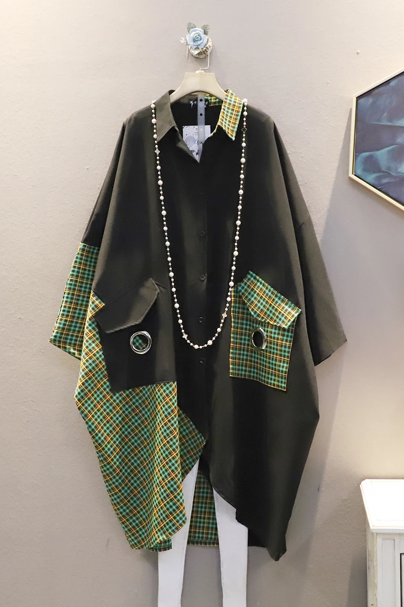 

QING MO Women Plaid Patchwork Dress 2021 Spring Women Black Irregular Dress Female Plus Size A Line Dress ZQY6336