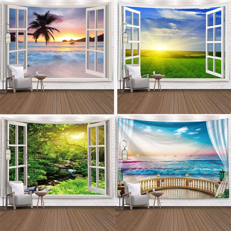 

Nordic Natural Scenery Wall Tapestry Style 4 Bedroom Background Cloth Art Decoration Wall Hanging Boho Murals Window View Tablec