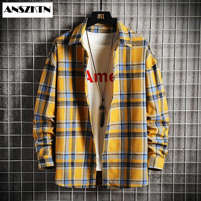 Мужская хлопковая рубашка Повседневная в шотландскую клетку с длинными рукавами