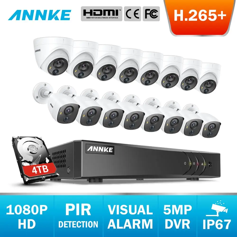 ANNKE 16CH 5MP Lite H.265 + 5в1 CCTV DVR 8 шт 1080P купольная камера и пуля PIR обнаружения система