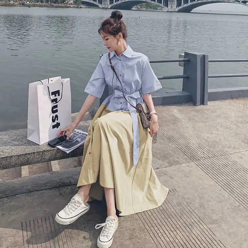 

LANMREM Women's Patchwork Color Contrast Dress Lace Up Waist Temperament Loose Fit Fashion Tide Summer 2021 New Arrival 2K2263