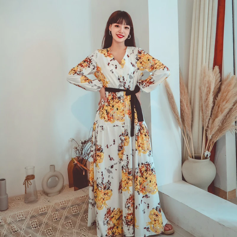 

Make French vintage printed tie belt long and elegant dresses evening dresses