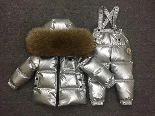 raccon sivler Пуховый костюм для русской зимы для девочек, теплые зимние костюмы для детей куртка на утином пуху для мальчиков+ комбинезон, комплект одежды из 2 предметов, детская зимняя одежда - Цвет: raccon sivler