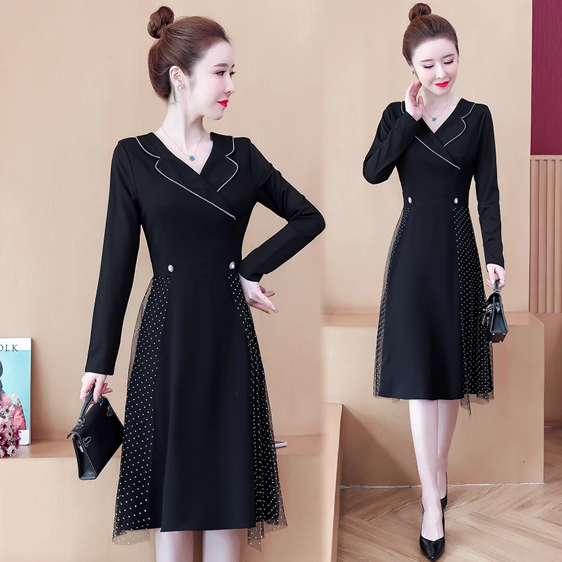 

korean fashion clothing woman party sexy vintage plus big size Women's dresses clothes 2020 black stitch dress female A6122