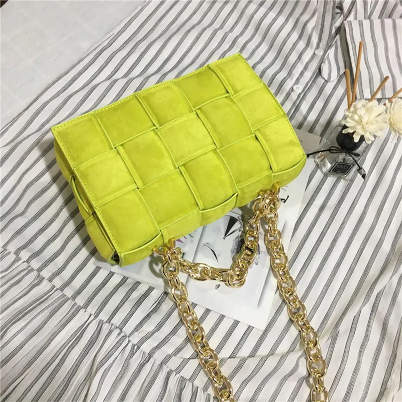 

New 2021 Women Brand Designer Suede Leather Weave Flap Bag With Metal Thick Chain Shoulder Bags Luxury Handbags Purse Cross Body