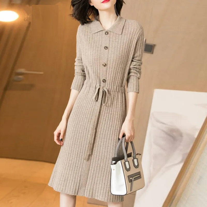 

Sexy V-Neck Autumn Long Sleeve Women Dress Ladies Sashes Button Casual Office Dress 2021 New Fashion Women Midi Dress Vintage