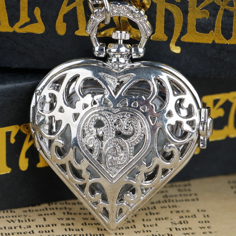 

Silver Hollow Quartz Heart-shaped Pocket Watch Necklace Pendant Women Ladies Jewelry Gifts