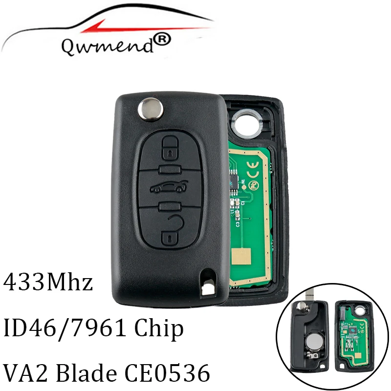 3 кнопки дистанционный ключ VA2 433 МГц транспондер PCF7961 чип для Peugeot 207 208 307 308 407 507 607
