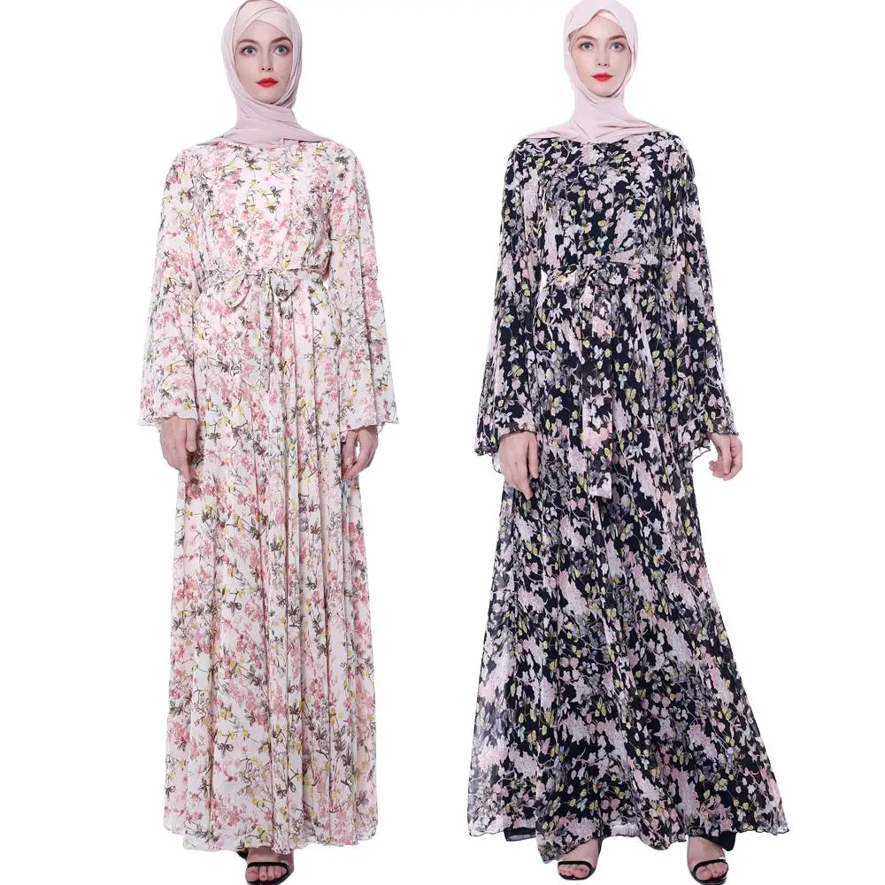 Платье макси шифоновое с расклешенными рукавами и цветочным принтом|Мусульманская одежда| |