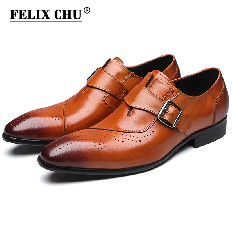 

FELIX CHU Brand New Mens Leather Shoes Buckle Formal Brogue Men Oxford Office Wedding Slip On Monk Strap Brown Black Dress Shoes