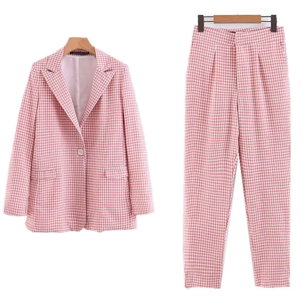

Women Autumn Pink Plaid Blazer Pockets Single Button Long Sleeve Female Casual Coats Office Ladies Outerwear Chic Tops Blazer