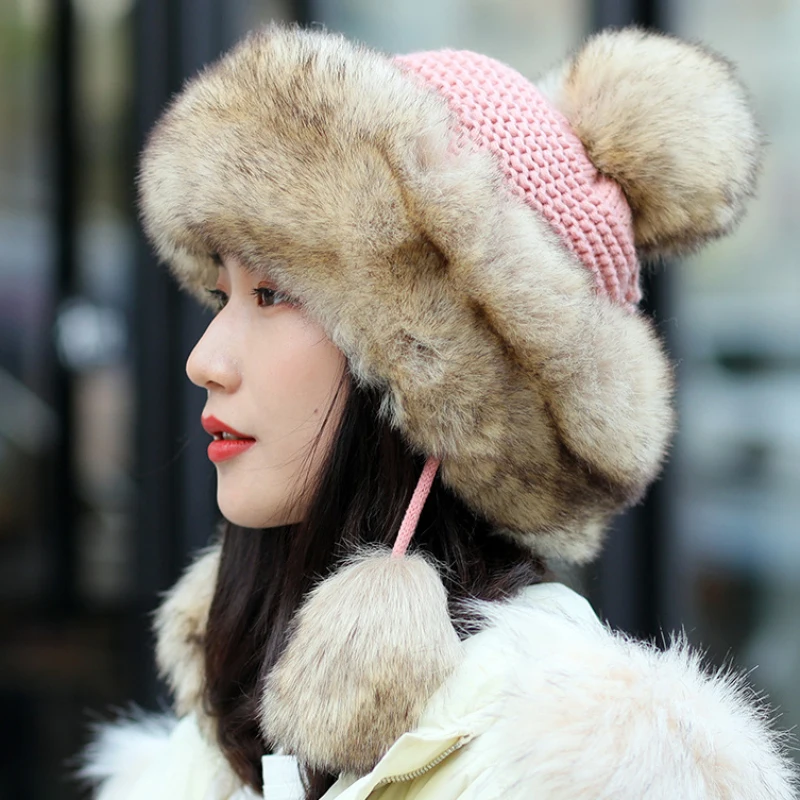 

Winter Women's Bomber Hat with Pompom Ponytail Faux Fox Fur Earflap Hats Warm Soft Russian Ushanka Thicken Trapper Snow Ski Cap