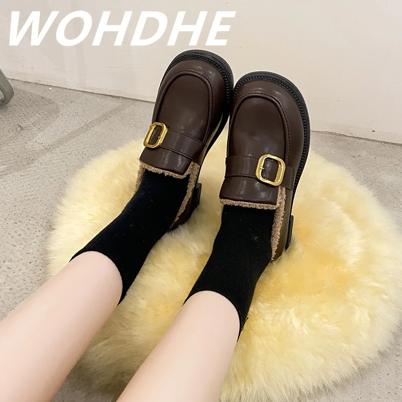 

WOHDHE Loafers Women Single Shoes Winter PU Leather Slip on Female Low Thick Heel Round Toe Metal Decoration Buckle All-match