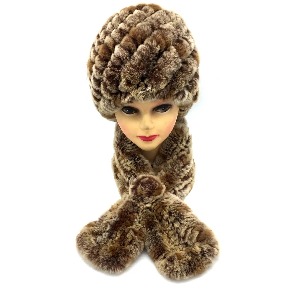 Зимняя женская теплая шапка из натурального меха кролика рекс с шарфом комплект 2