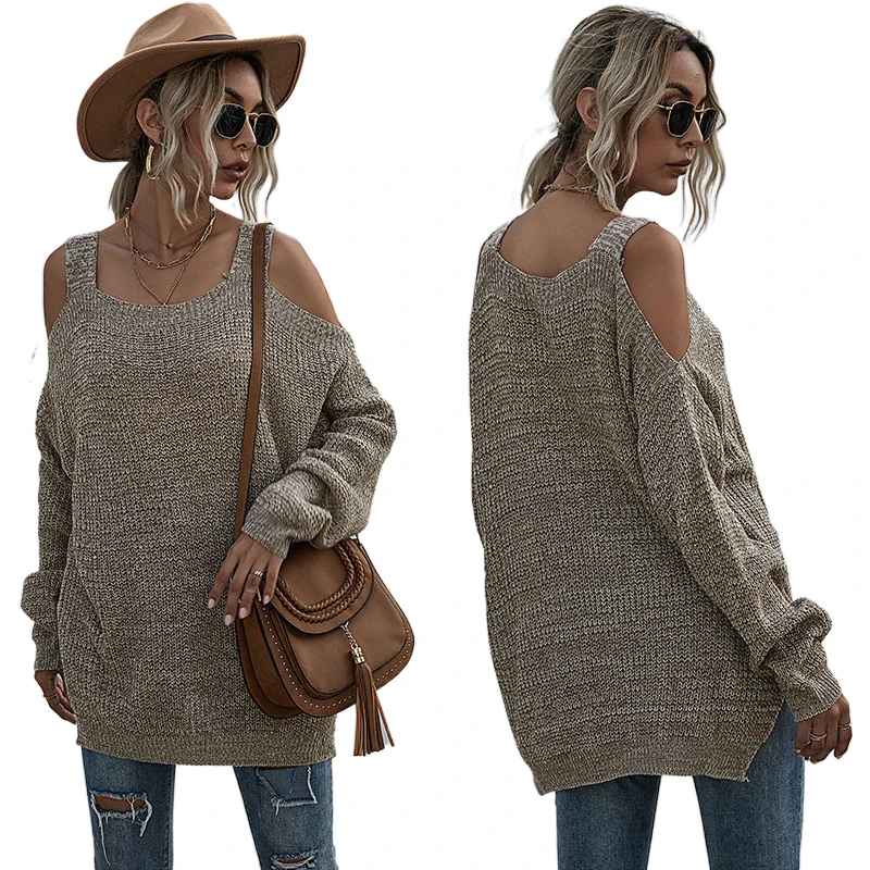 

Чистый вязаный Повседневный свободный свитер с открытыми плечами simplee зимний женский трикотажный пуловер с длинными рукавами для осени