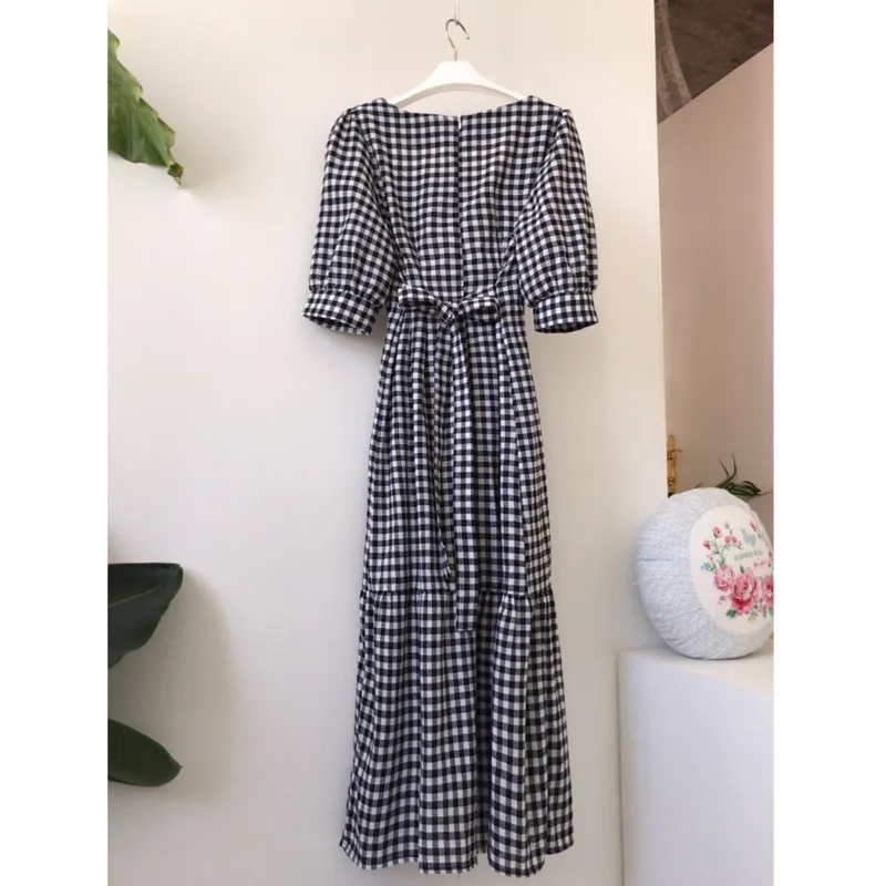 

Women Dresses Korean Chic Vintage Clothes Sexy Square Collar Ruffles Slim Puff Sleeve Plaid Maxi Dress Summer Vestido Robe Femme