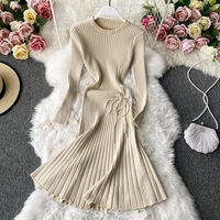 autumn winter womens drawstring pleated knitted dress solid o neck a line sweater dress vintage base vestidos female outfit