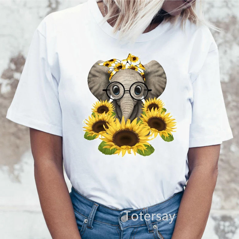 

Women t-shirt cartoon casual short-sleeved floral elephant graphic femme t shirt Harajuku clothes tops tshirt clothing wholesale