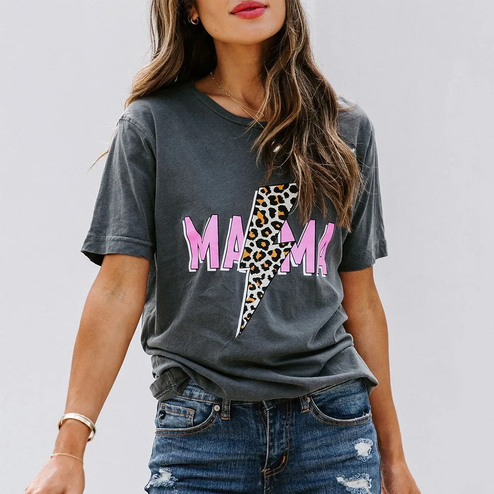 

Summer New Fashion Relaxation Loose Women's Top Mama Leopard Print Round Neck Short Sleeve T-Shirt Clothes
