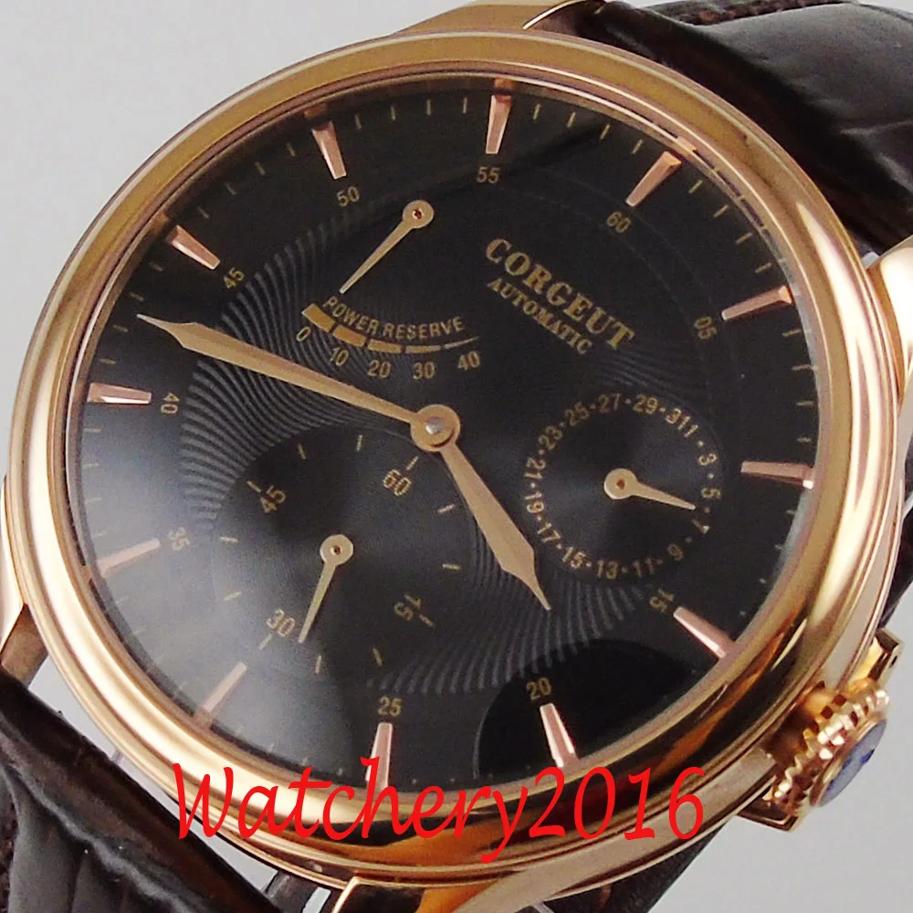 

40mm Corgeut Black dial Power reserve Rose Gold plated Case date automatic movement mens watch