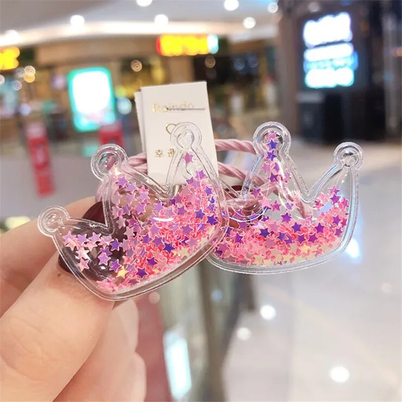Pink Crown New Cute Crown Star Quicksand Scrunchies Children Girls Kids Elastic Hair Rubber Band Accessories Tie Hair Ring Rope Holder - Color: Pink Crown