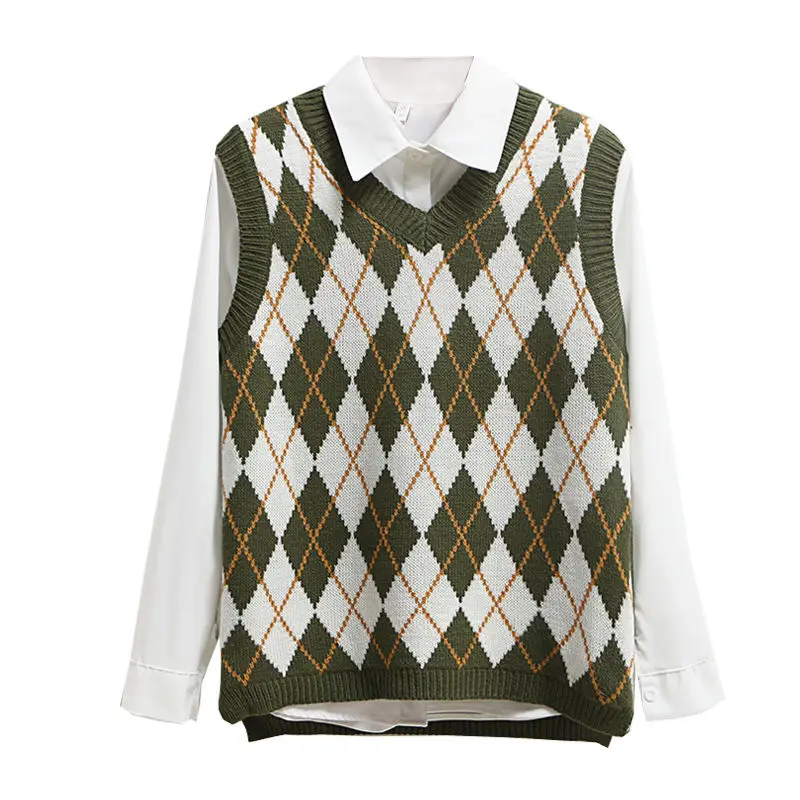 

Autumn new diamond-shaped plaid sleeveless v-collar loose student college style knitted sweater vest vest