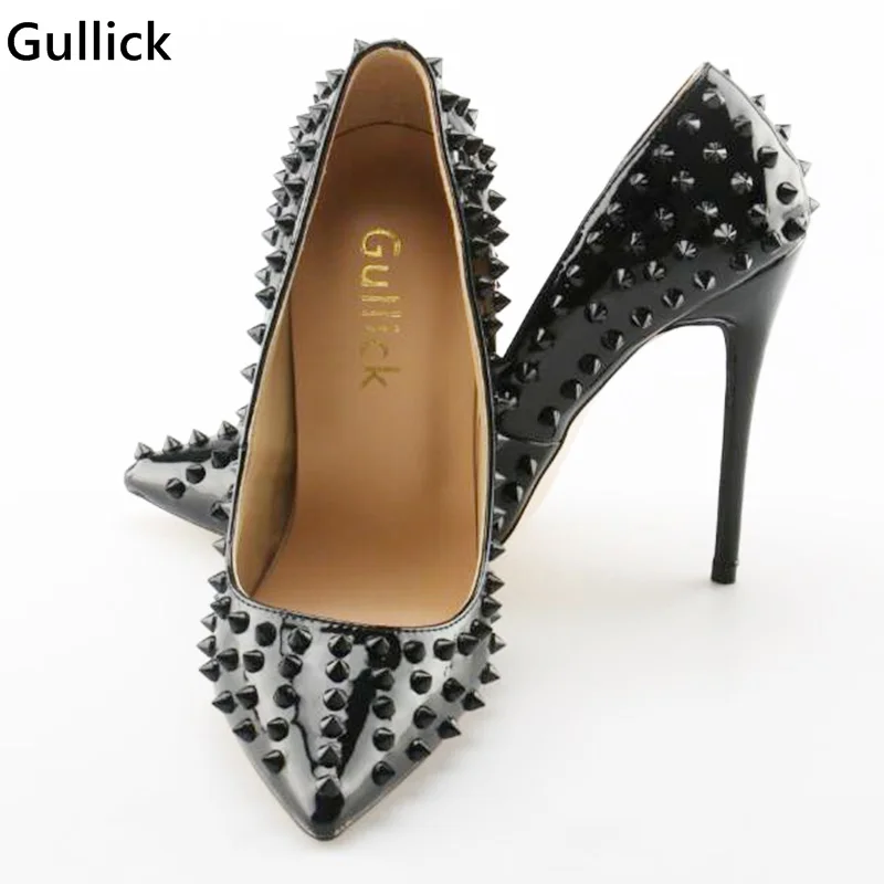 Черные туфли лодочки с заклепками на высоком каблуке 12 см острым носком без