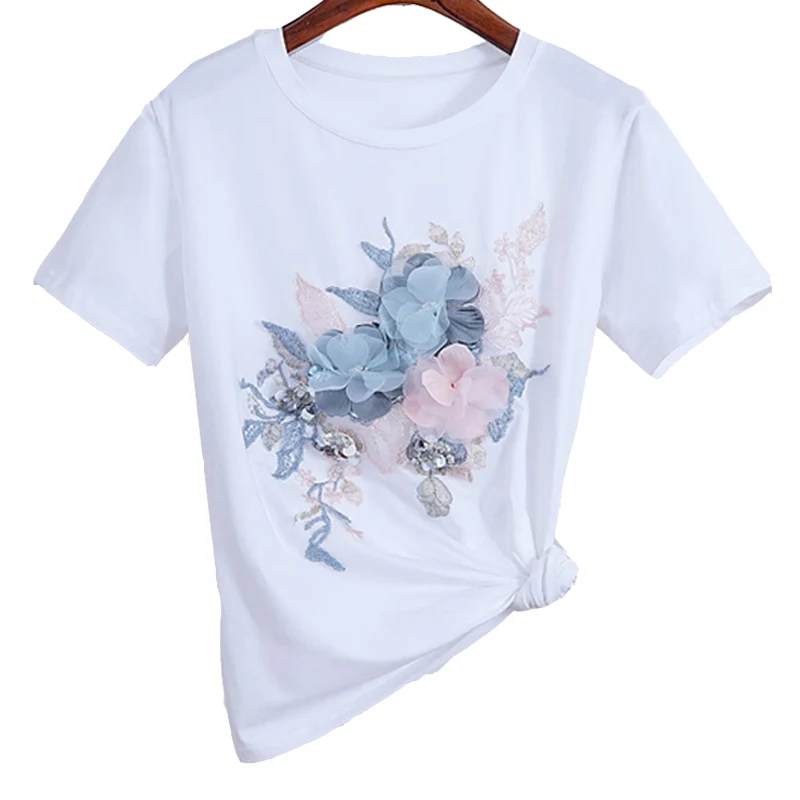 

New Summer Fashion Women Elegant O Neck T Shirt Female 2020 Flower Embroidery T-shirt Casual Top HK293