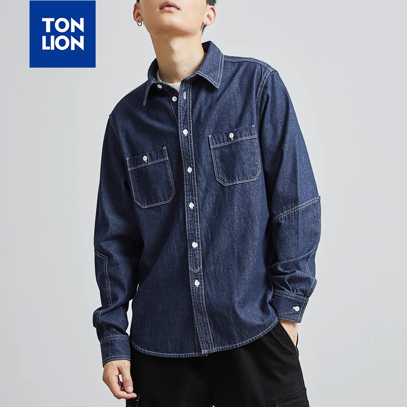 Мужская джинсовая рубашка TONLION голубая однотонная Повседневная с длинным