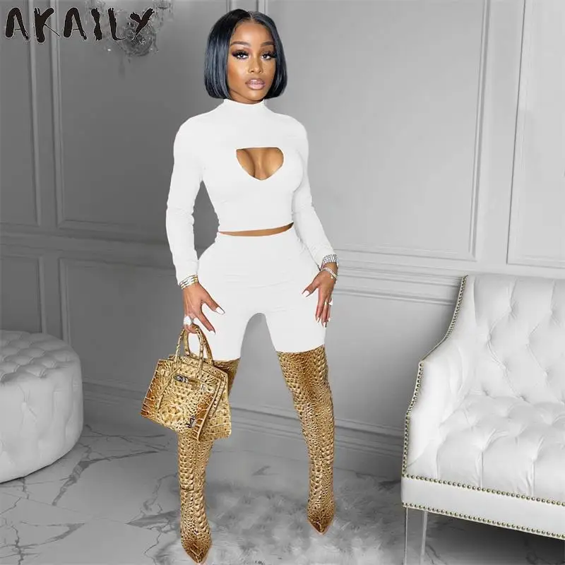 

Akaily осенний Черный флисовый комплект из 2 предметов спортивный костюм Женская 2021 водолазка с вырезами укороченный топ брюки Комплекты Женс...