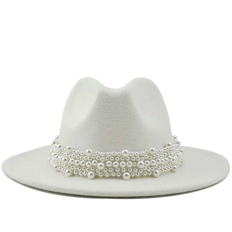 

2021 British Style Fashionable Elegant Fedora Hat Pearl Top Hat Broad-Brimmed Hat Women's Woolen Hat 56-58-60cm