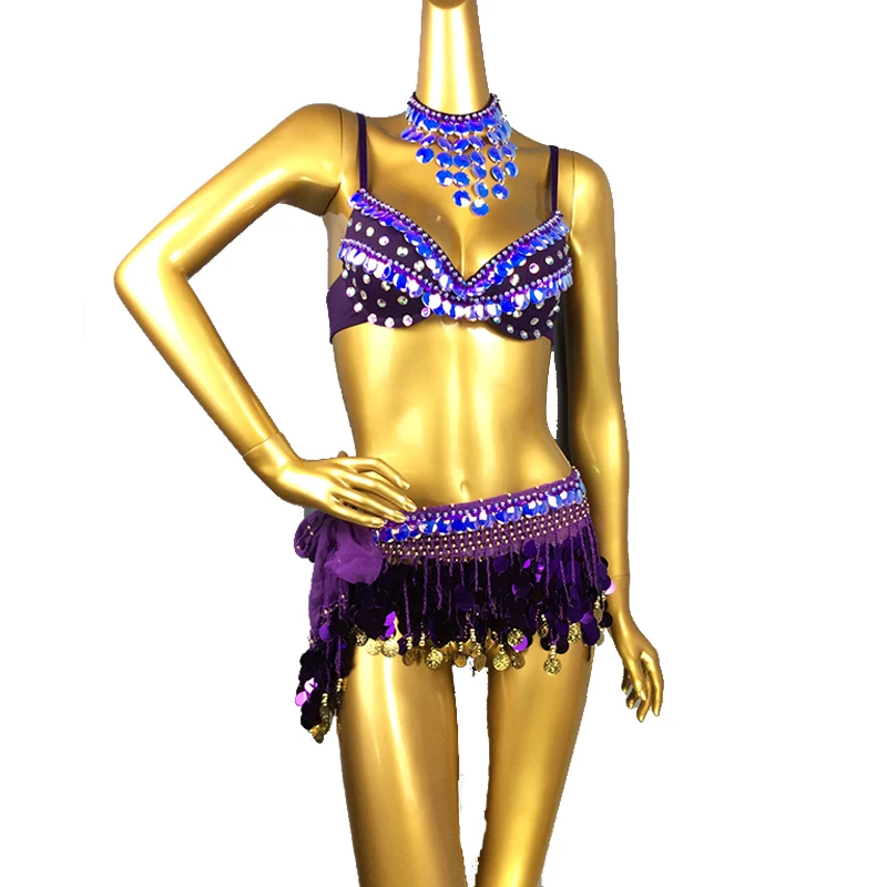 2020 Sexy Samba Belly Dance Costume for Women Hand Beaded sequins purple Color Bra and Scarf Necklace 3 pieces
