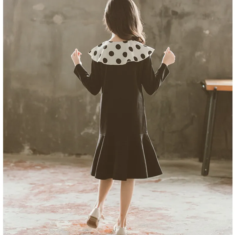 6 to 16 years kids &amp teenager girls dot print collar long sleeve cotton casual ruffle flare dress children fall winter dresses | Детская