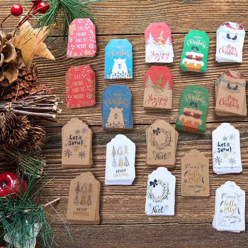 

100pcs Christmas Tree Gift Hang Tags Labels Thank You Kraft Paper Cards for Baby Shower Party Favors Wedding Gifts for Guests