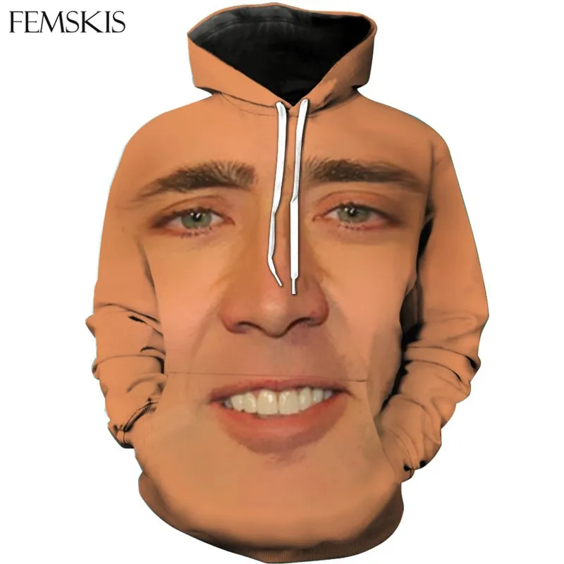 

FEMSKIS 3D Print Sweatshirt Men Women Hoodies The Giant Blown Up Face Of Nicolas Cage Funny 3D Hoodies Hoody Casual Streetwear