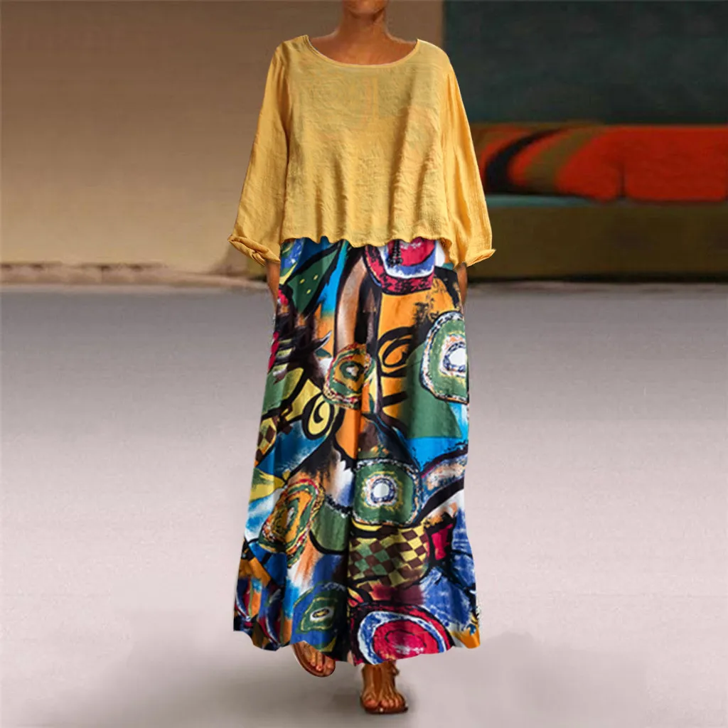 2019 Весна Лето Новое Женское винтажное платье из двух частей с этническим принтом