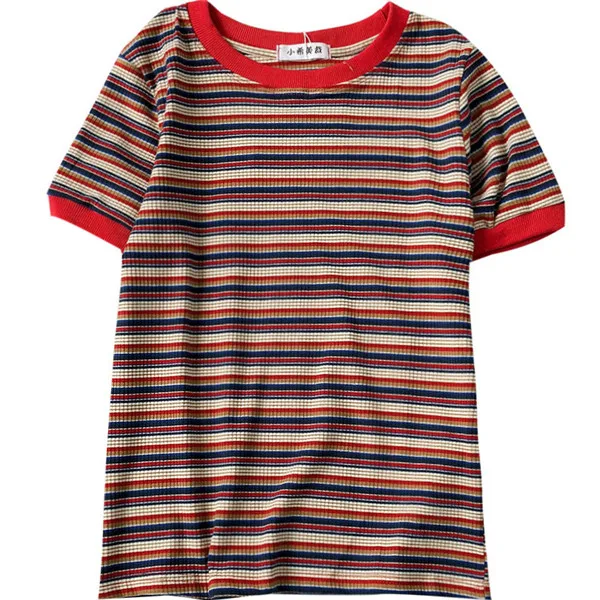 red tee Neploe летняя винтажная Корейская женская футболка с коротким рукавом в полоску и круглым вырезом, повседневные Модные женские футболки одного размера 68085 - Цвет: red tee