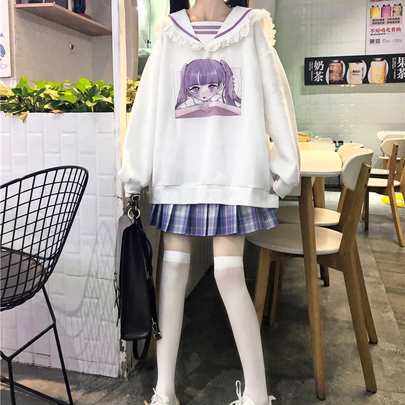 

Women Harajuku Kawaii Soft Girl Anime Sweatshirt Women Japanese Lace Sailor Collar Long Sleeve Hoodie Tops Autumn Alt Clothes